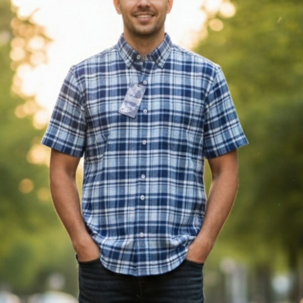 Cremieux Men's Shirt Size M Linen Blend Short Sleeve Button Up plaid Blue 1